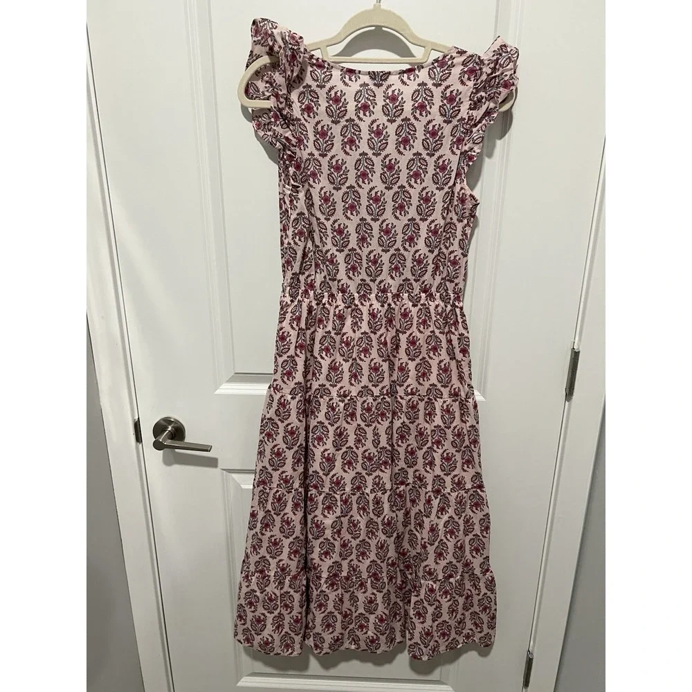 J. Crew Ruffle-Sleeve Cotton Midi Dress‎ Pink Floral Print Women's Size 2